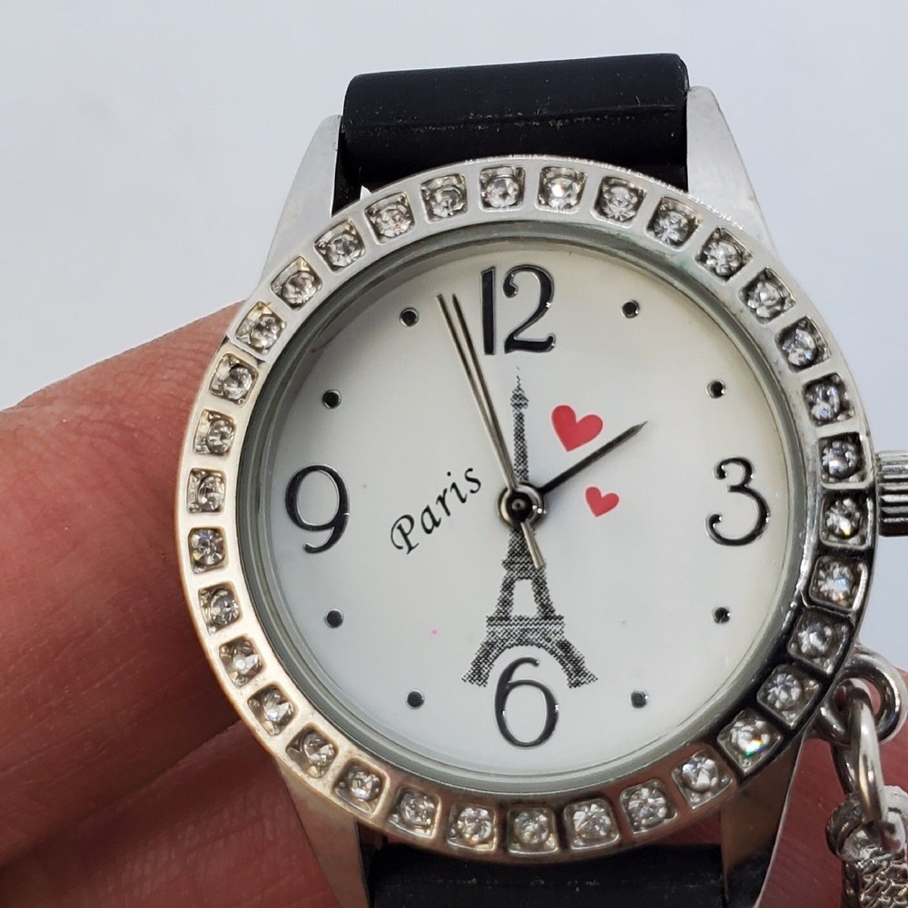 Eiffel Tower 28MM Women's Watch Crystal Bezel Black Plastic‎ Bands New Battery